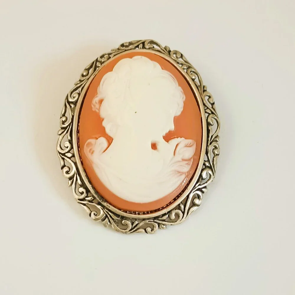 Jezlaine Vintage 925 Cameo Brooch Sterling Silver Scroll Design Gift for Mom